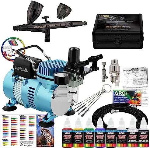 Master Airbrush Cool Runner II Dual Fan Air Compressor System Kit for Artists with Master Elite Plus, 0.3mm Tip, 2 Cups,