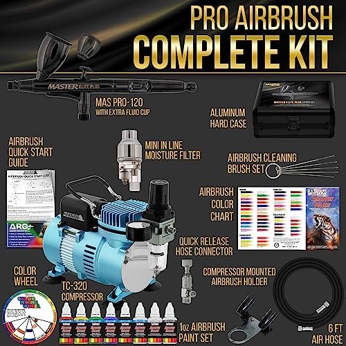 Master Airbrush Cool Runner II Dual Fan Air Compressor System Kit for Artists with Master Elite Plus, 0.3mm Tip, 2 Cups,