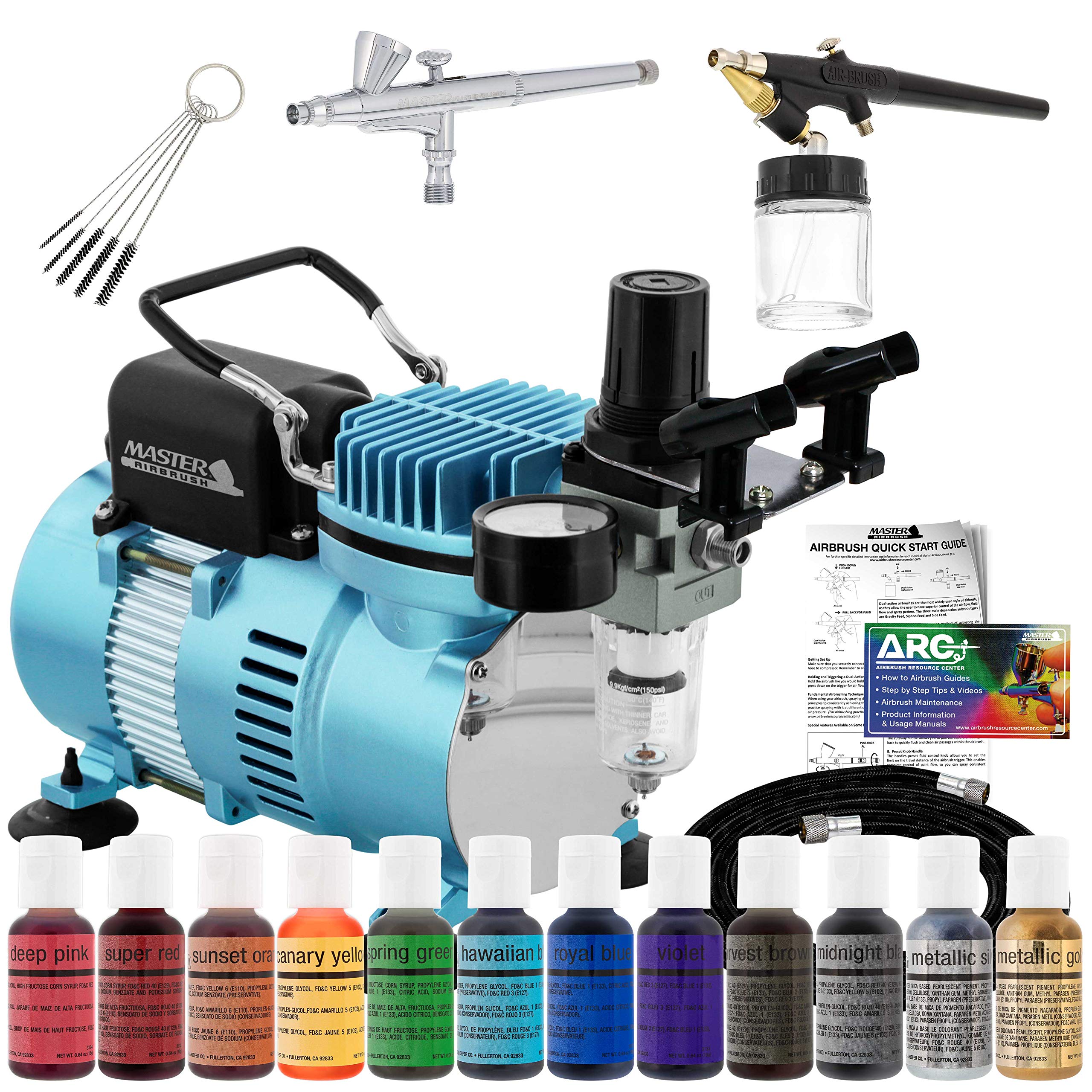Master Airbrush Cool Runner II Cake Airbrush Kit for Professional Bakers - Dual Fan Air Compressor, 2 Airbrushes, 12 Col