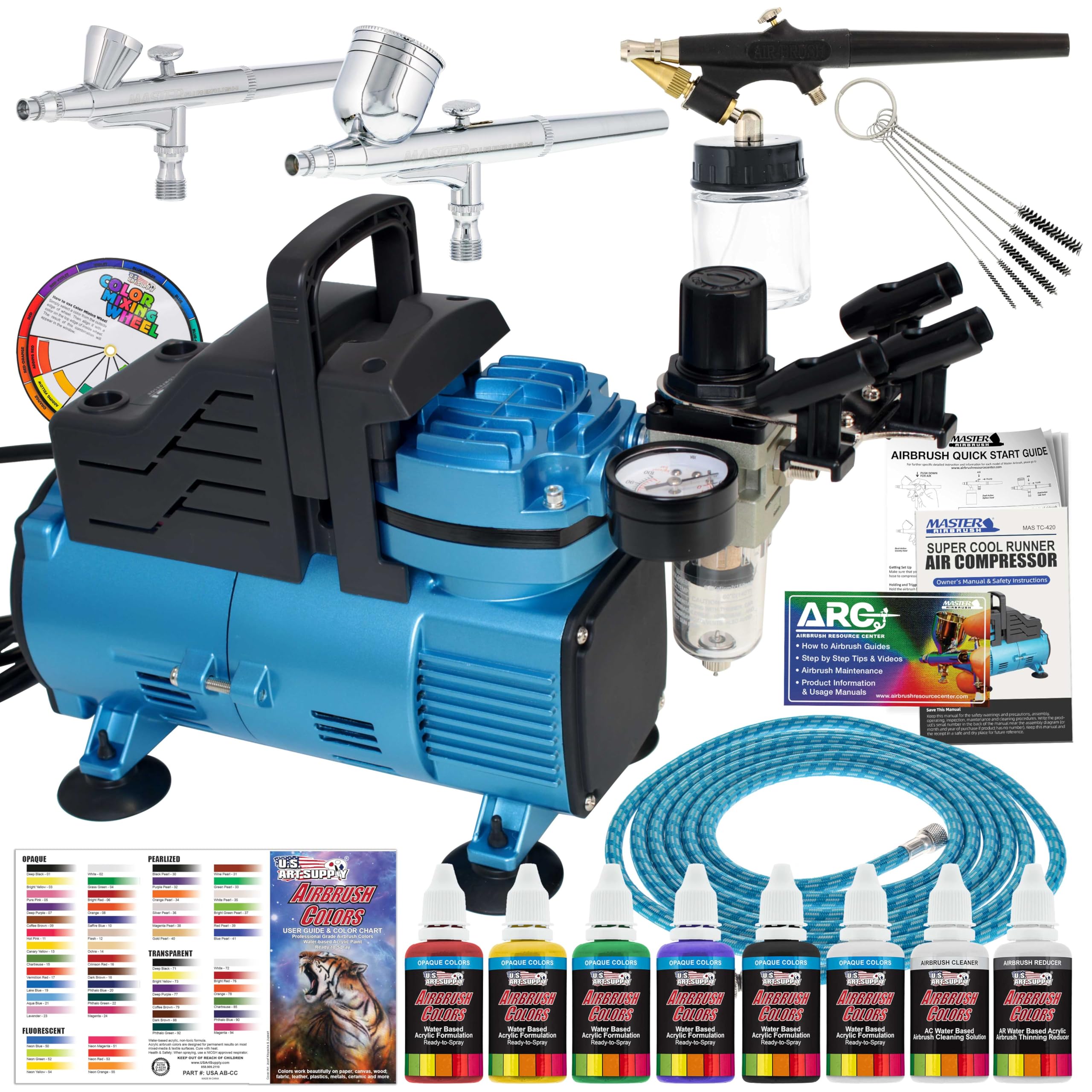 Master Airbrush Cool Runner Dual Fan Air Compressor Professional Airbrushing System Kit with 3 Airbrushes - Gravity & Si