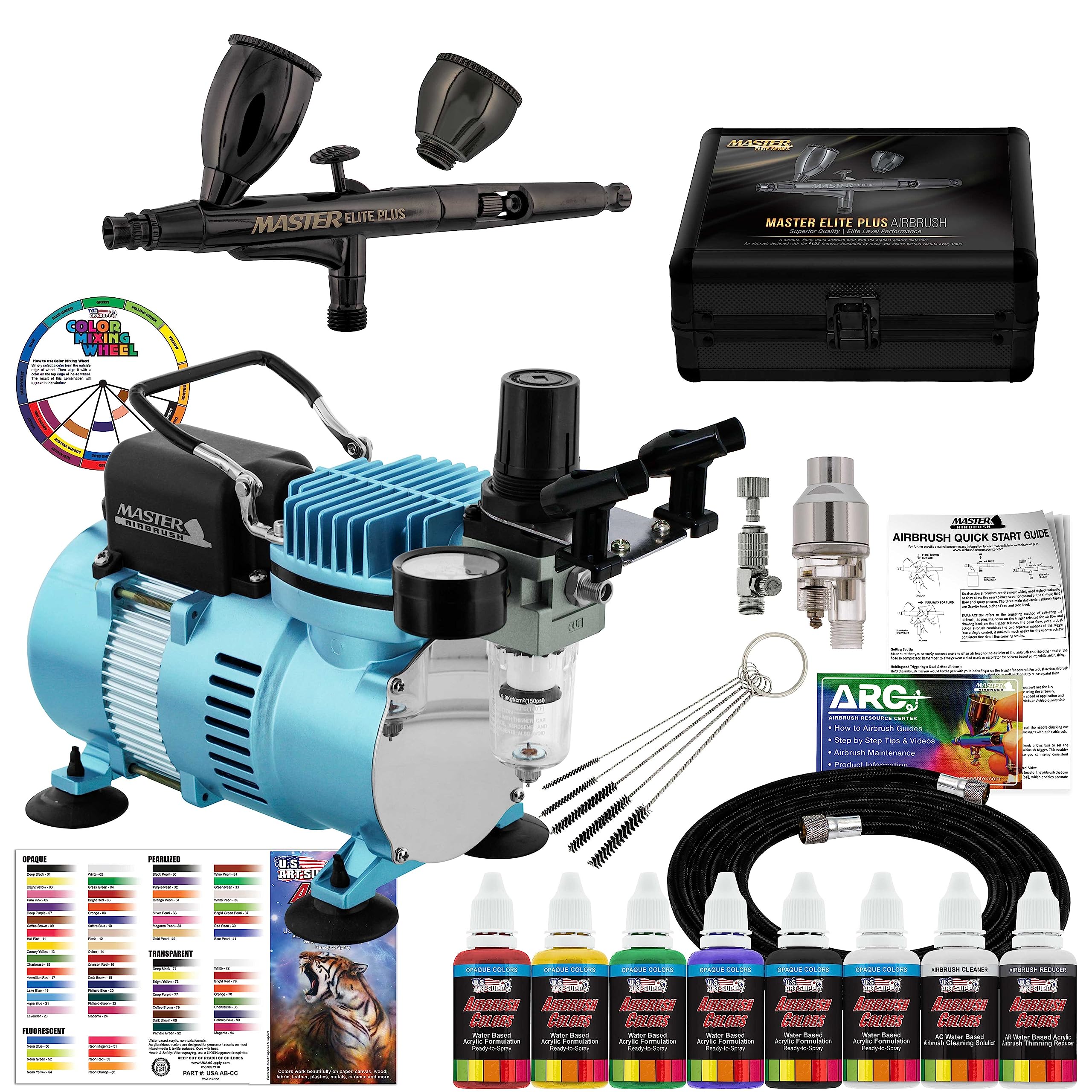 Master Airbrush Cool Runner II Dual Fan Air Compressor System Kit for Artists with Master Elite Plus, 0.3mm Tip, 2 Cups,